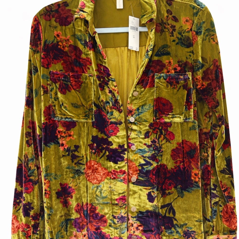 Anthropologie Pilcro Velvet Floral Button Down Blouse XS NWT